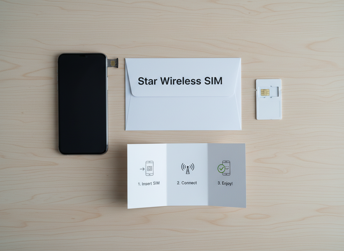 A neatly organized bring‑your‑own‑device starter kit laid out on a smooth light‑wood desk: an unbranded white envelope labeled “Star Wireless SIM,” a small SIM card nested in a minimal plastic card, and a folded quick-start guide with simple step‑by‑step icons. A modern, bezel-less smartphone rests nearby with its SIM tray slightly open. Cool, even studio lighting from above and slightly to the side creates a bright, shadow‑soft environment. Photographic realism with an overhead, flat‑lay composition, sharp focus throughout, and lots of negative space communicates clarity, ease of activation, and transparent, professional service.