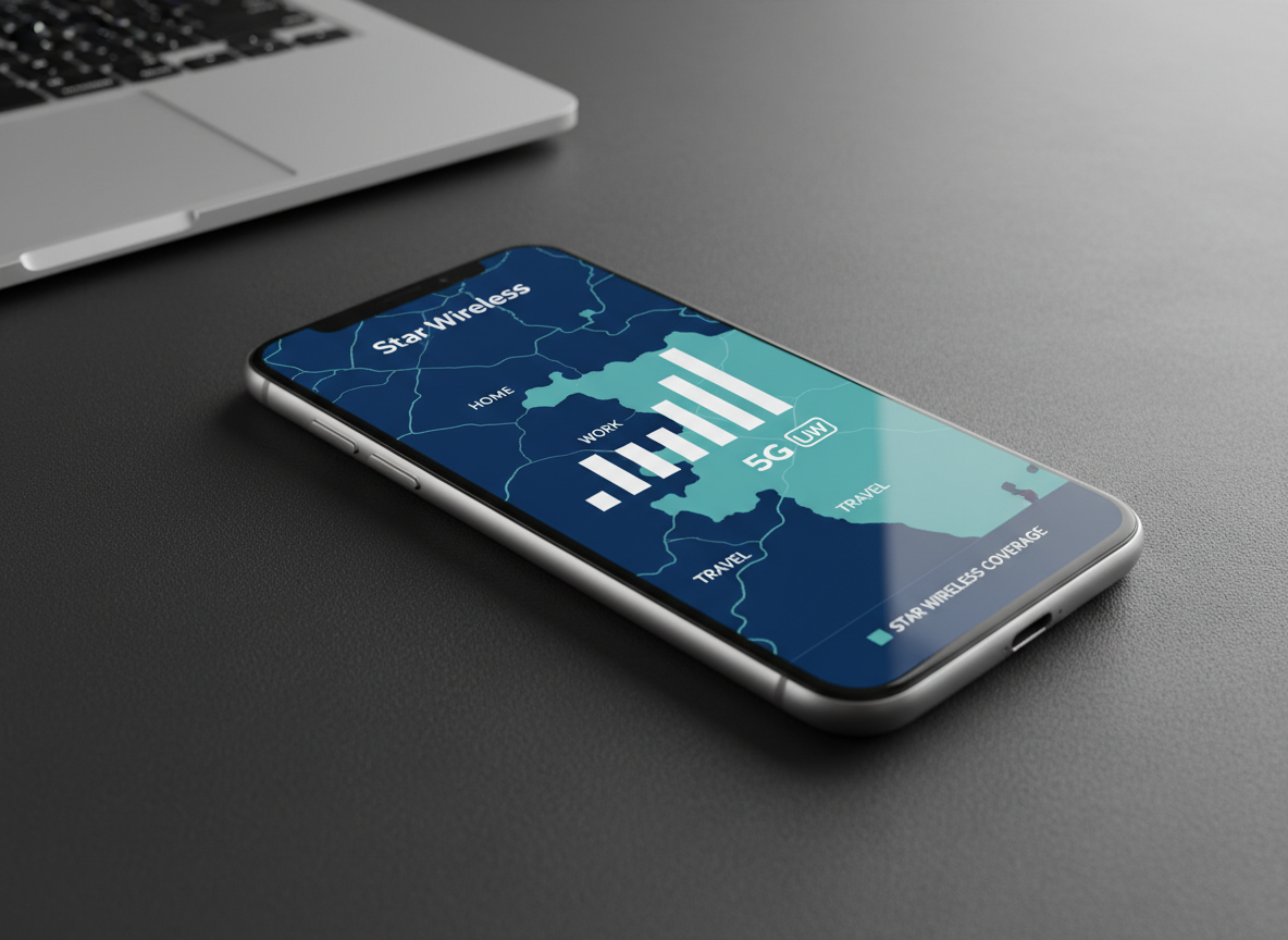 A close-up of a clean, modern smartphone screen displaying a Star Wireless coverage map in shades of deep blue and soft teal, with clear, bold signal strength indicators and simple, readable labels. The phone rests on a smooth charcoal desk surface with a subtle texture, next to a slim, silver laptop partially out of frame to hint at a professional work environment. Directional side lighting from the right creates a refined highlight along the phone’s metal edge and a soft gradient shadow to the left. Photographic realism, shot from a slightly elevated angle with a shallow depth of field, delivers a calm, confident, professional mood emphasizing reliable coverage.